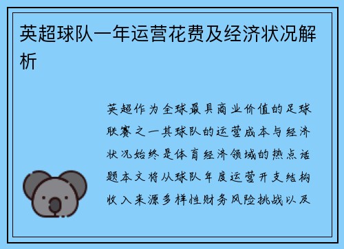 英超球队一年运营花费及经济状况解析