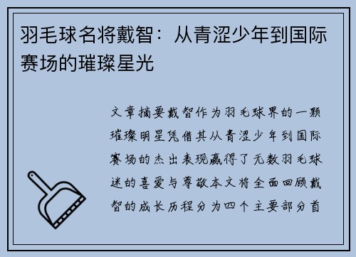 羽毛球名将戴智：从青涩少年到国际赛场的璀璨星光